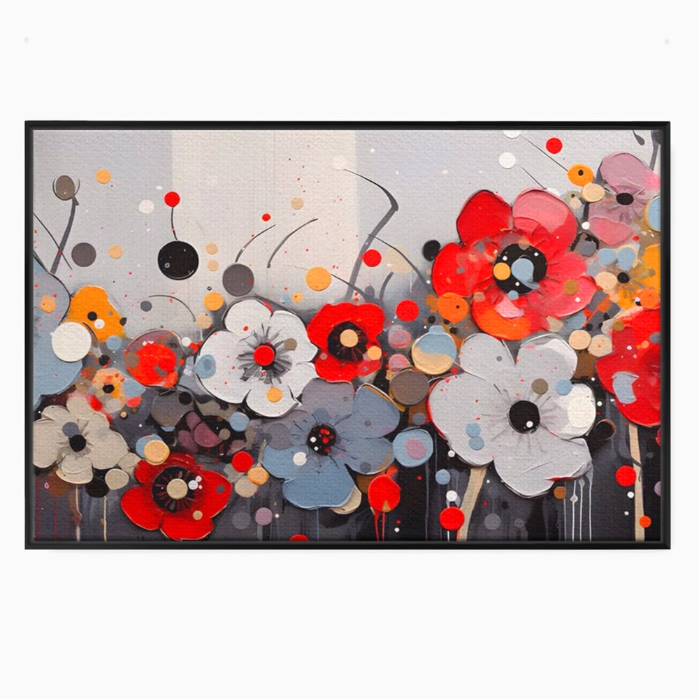 Tablou canvas cu pictura canvas cu flori colorate in relief, in rama de aluminiu negru